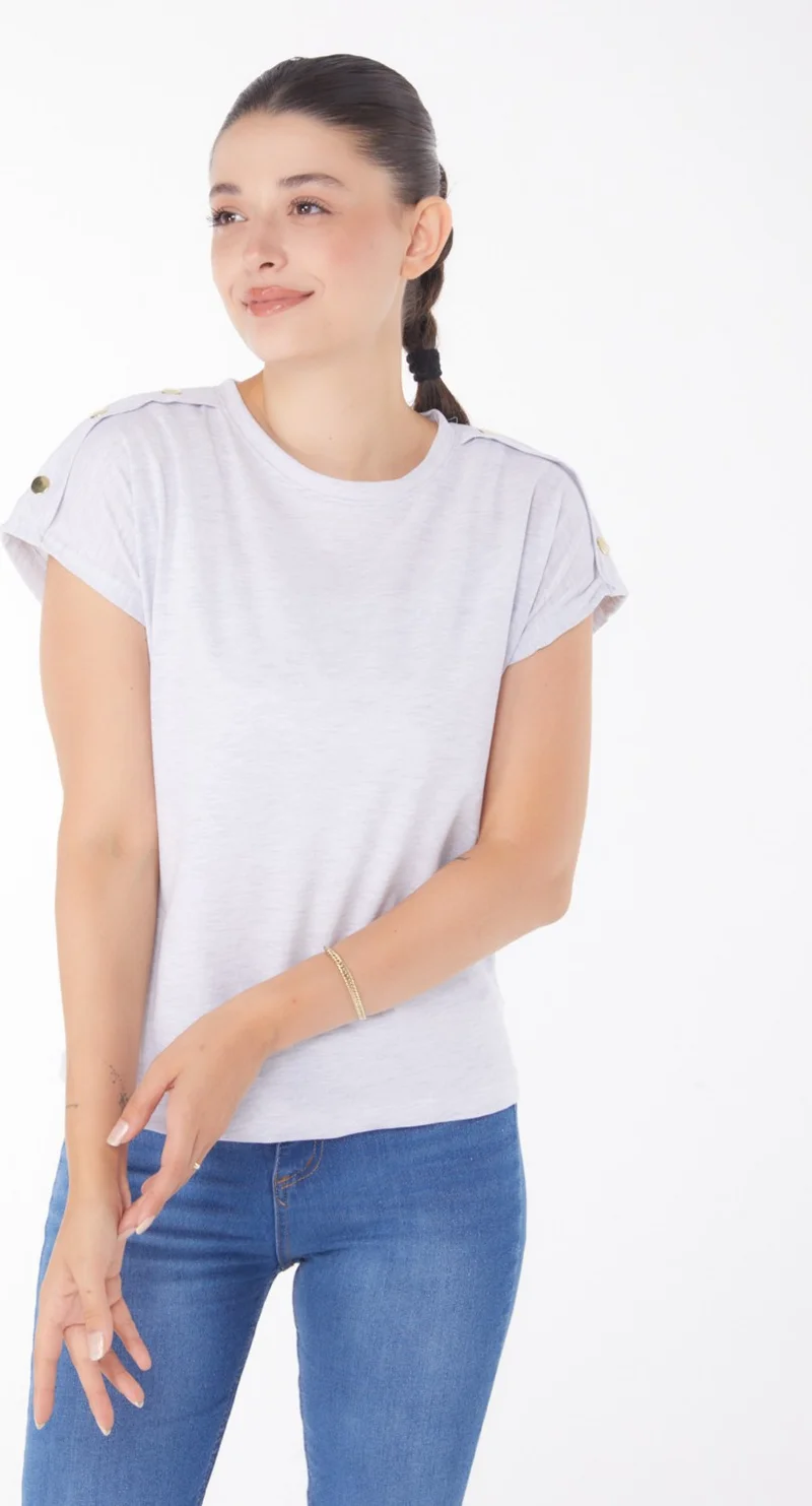 Tofisa Plain Crew Neck Women's Gray Button Detailed T-Shirt - 25950