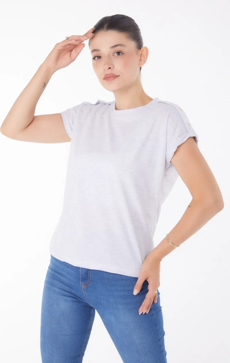 Tofisa Plain Crew Neck Women's Gray Button Detailed T-Shirt - 25950