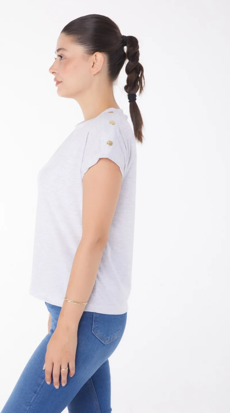 Tofisa Plain Crew Neck Women's Gray Button Detailed T-Shirt - 25950