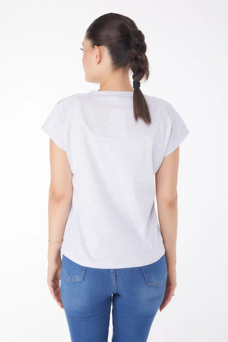 Tofisa Plain Crew Neck Women's Gray Button Detailed T-Shirt - 25950