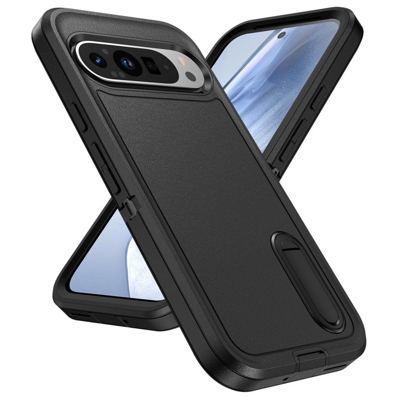 HuHa Protective Cover For Google Pixel 9 Rugged PC + Silicone Phone Case with Holder(Black) - Image 2