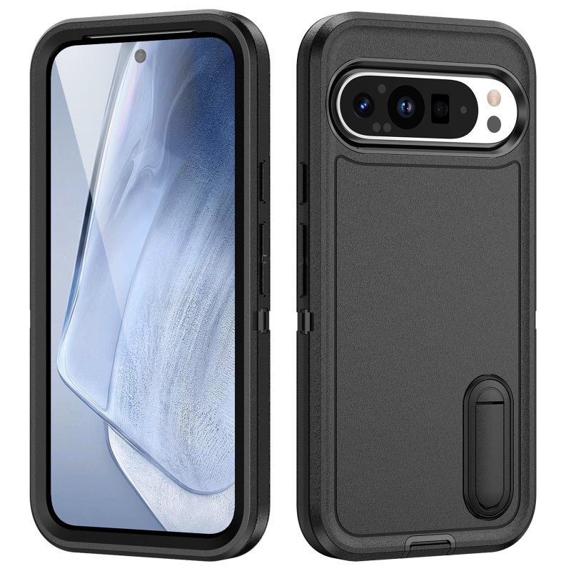 HuHa Protective Cover For Google Pixel 9 Rugged PC + Silicone Phone Case with Holder(Black) - Image 1