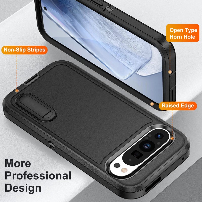 HuHa Protective Cover For Google Pixel 9 Rugged PC + Silicone Phone Case with Holder(Black) - Image 3