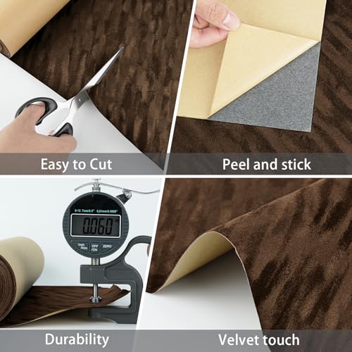 WESTICK Brown Self Adhesive Velvet Felt Wallpaper Thick Textured Contact Paper for Cabinets Thick Flocking Velvet Drawer Liner for DIY Crafts Jewelry Lining Bedroom Brown Wallpaper Vinyl 12x 80 - Image 3