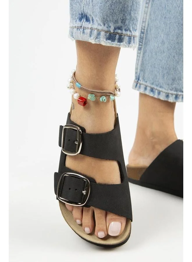 Irene Vintage Women's Genuine Leather Double Buckle Black Silver Slippers - Black