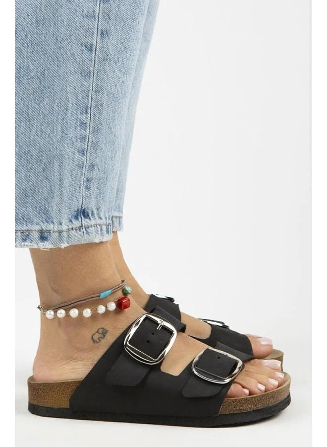 Manijero  Irene Vintage Women's Genuine Leather Double Buckle Black Silver Slippers - Black for Women | Best Price UAE