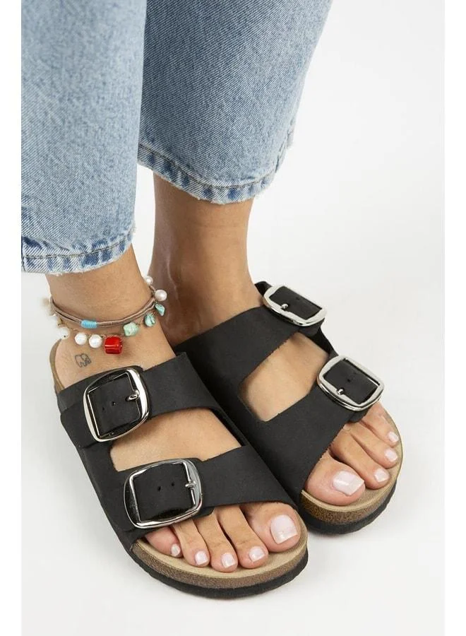 Manijero  Irene Vintage Women's Genuine Leather Double Buckle Black Silver Slippers - Black for Women | Best Price UAE