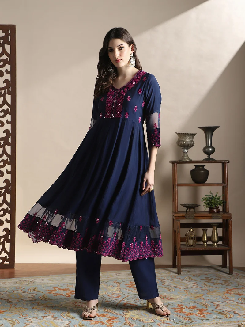 Globus Women Navy Blue Sequin Embroidered V-Neck Flared Hem A-Line Kurta With Pants Festive Set