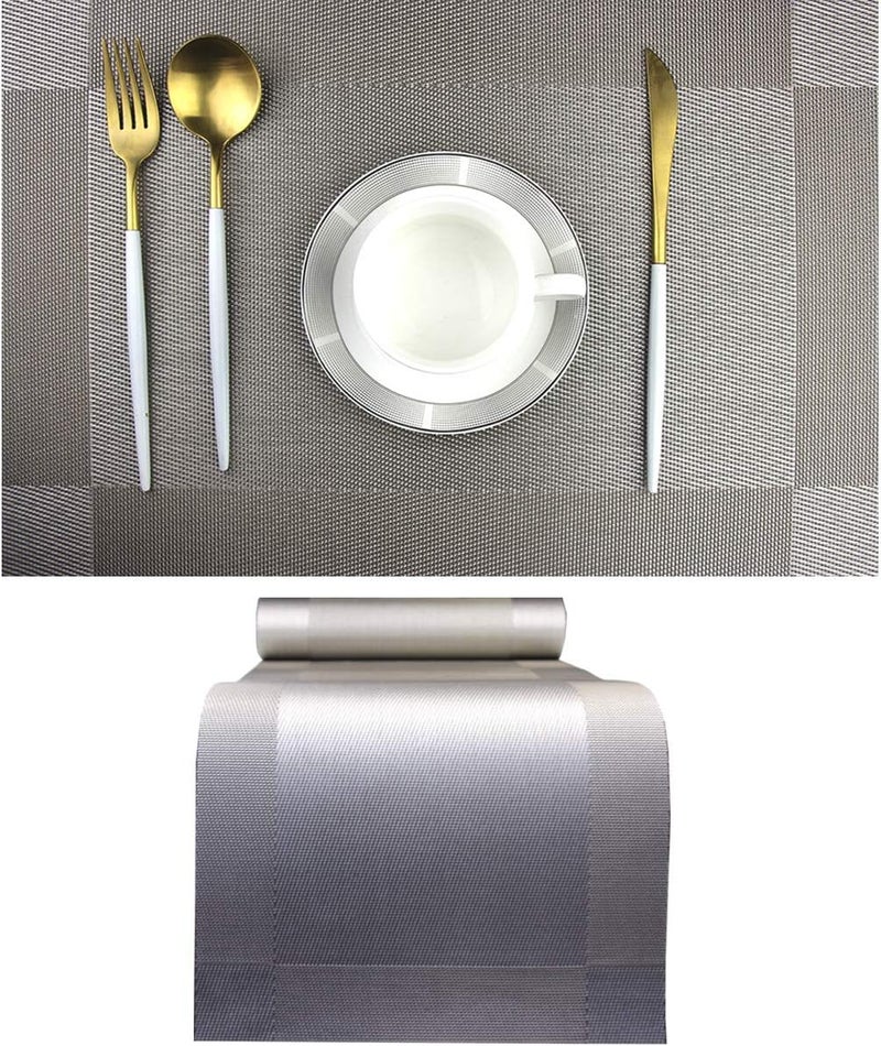 pigchcy Elegant Placemats with Matching Table Runner,Washable Placemats Crosswoven Vinyl Table mats Sets(6pcs Round Placemats+1pcs Table Runner,Grey Silver) - Image 1