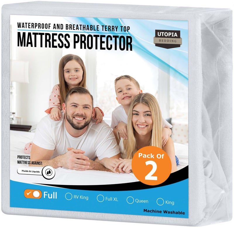 Utopia Bedding Utopia Bedding Waterproof Mattress Protector Full Size 2 Pack  200 GSM Breathable Terry Mattress Cover  Fitted Style with Stretchable Pockets (White)  - Image 1