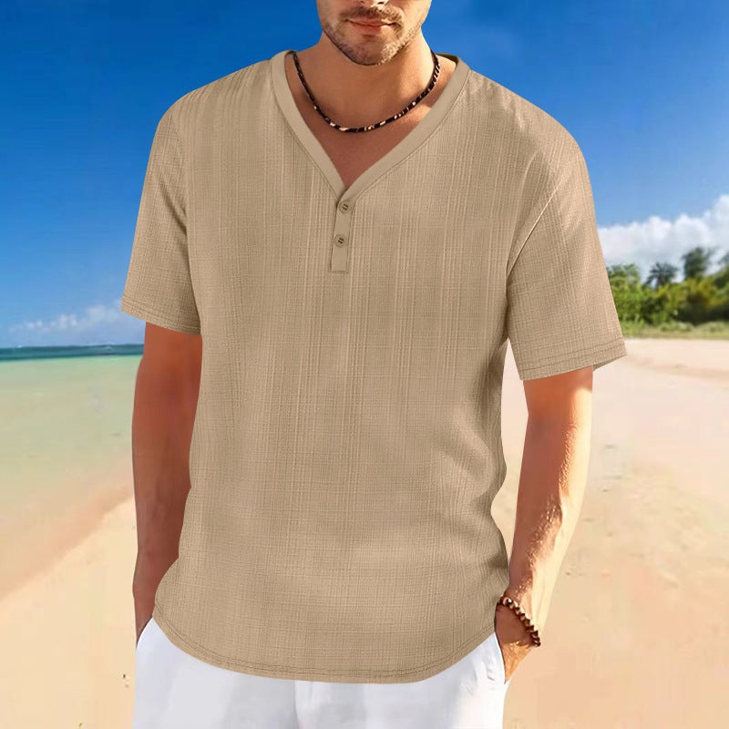 Cross-Border Summer Men''s Imitation Linen Bamboo Henley Shirt Loose Breathable Casual Tough Guy Short-Sleeved T-Shirt - Image 4