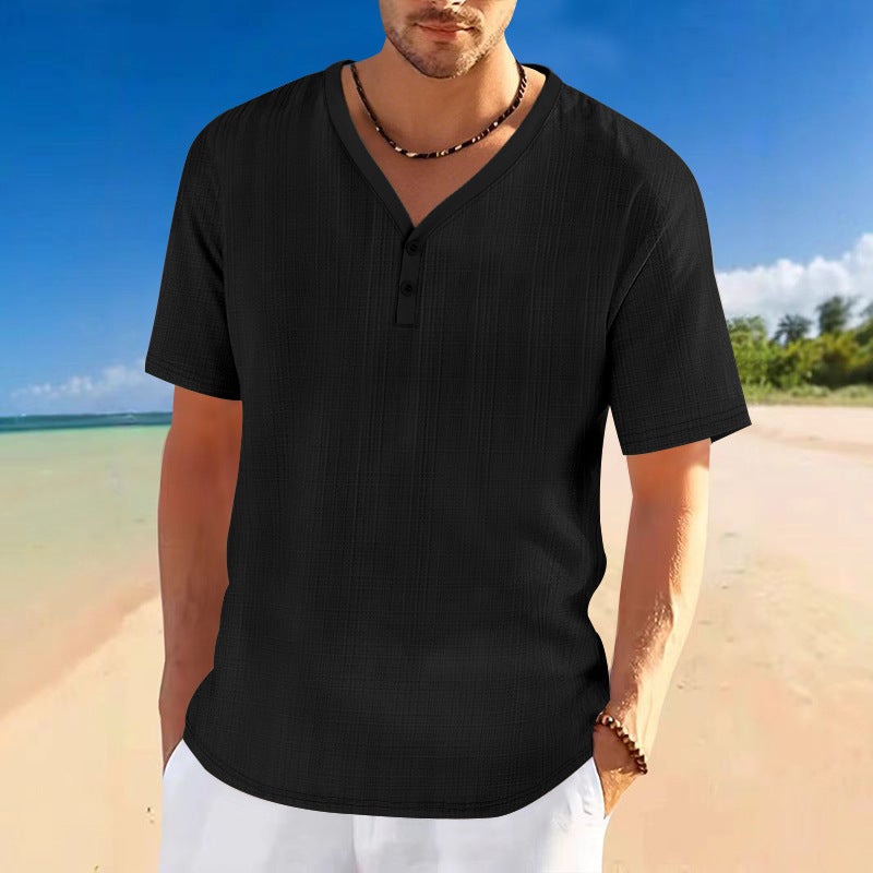 Cross-Border Summer Men''s Imitation Linen Bamboo Henley Shirt Loose Breathable Casual Tough Guy Short-Sleeved T-Shirt - Image 5