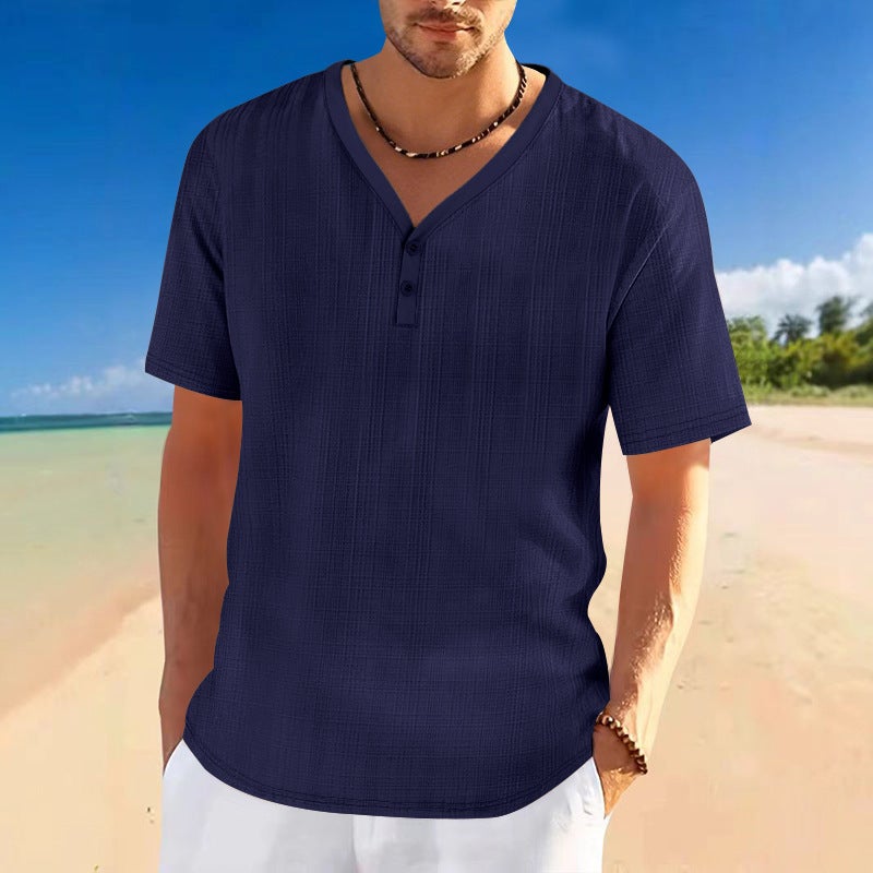 Cross-Border Summer Men''s Imitation Linen Bamboo Henley Shirt Loose Breathable Casual Tough Guy Short-Sleeved T-Shirt - Image 3
