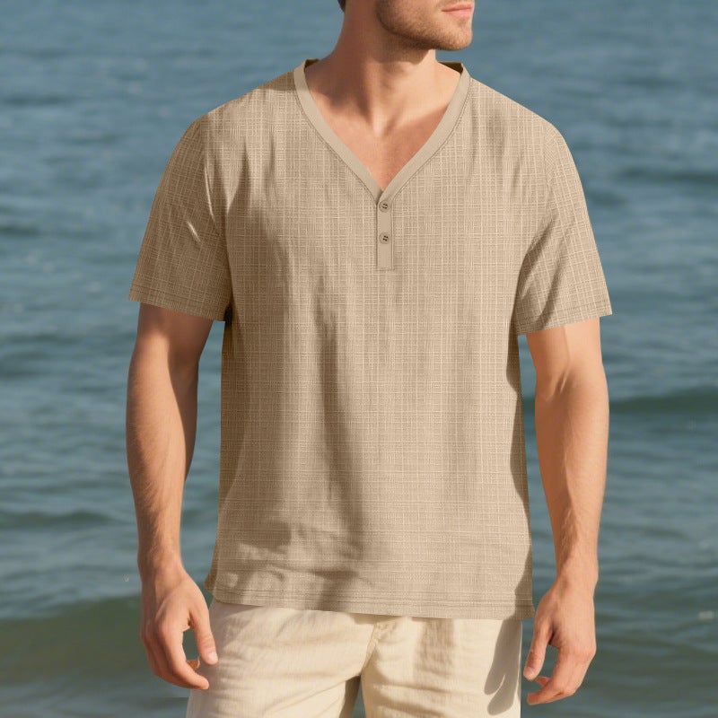 Cross-Border Summer Men''s Imitation Linen Bamboo Henley Shirt Loose Breathable Casual Tough Guy Short-Sleeved T-Shirt - Image 1