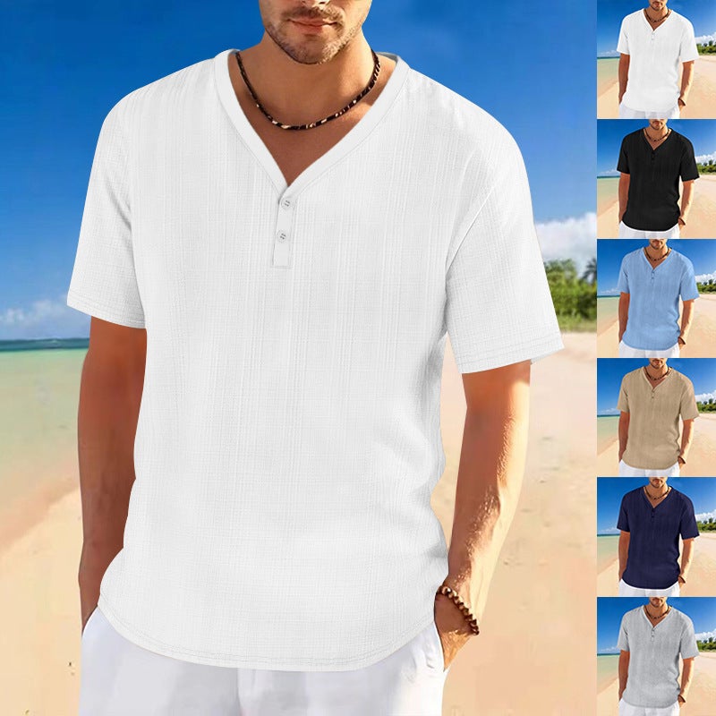 Cross-Border Summer Men''s Imitation Linen Bamboo Henley Shirt Loose Breathable Casual Tough Guy Short-Sleeved T-Shirt - Image 2