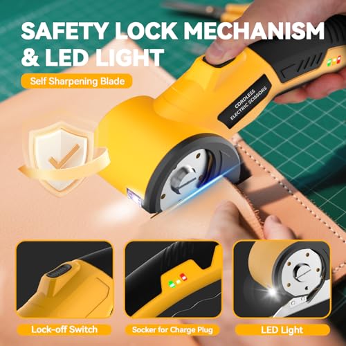 Zeleki Cordless Electric Scissors,4V Rechargeable Cardboard Cutter Heavy Duty Scissor with Safety Lock & LED Light for Box Carpet Plastic Fabric(Yellow) - Image 4