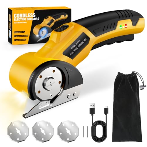 Zeleki Cordless Electric Scissors,4V Rechargeable Cardboard Cutter Heavy Duty Scissor with Safety Lock & LED Light for Box Carpet Plastic Fabric(Yellow) - Image 1