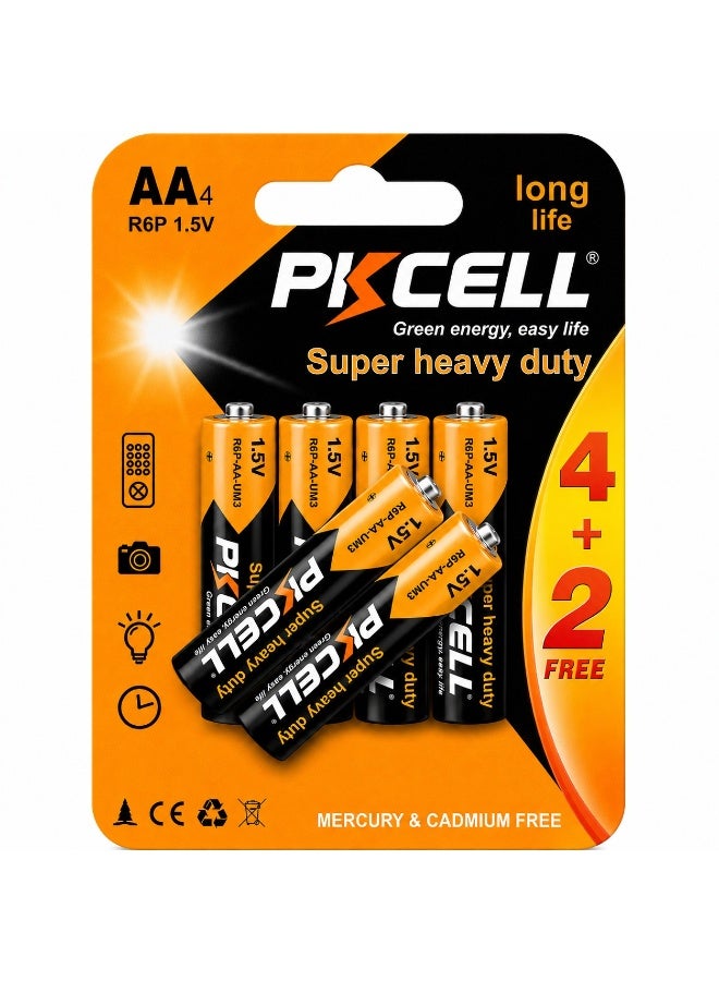 بي كي سيل AA Super Heavy Duty Batteries 1.5V R6P Long Life Dry Cell Battery, Mercury & Cadmium Free, for Remote Controls, Clocks, Flashlights, Toys & Cameras, 6-Pack (4+2 Free) - Image 1