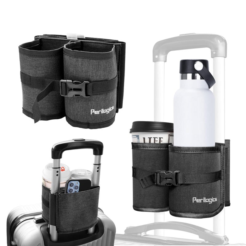 Perilogics Luggage Travel Cup Holder Hands Free Drink Caddy for Suitcase Handle Perfect Airplane Travel Essential Accessory Gift for Frequent Traveler Flight Attendant or with Children Dark Gray