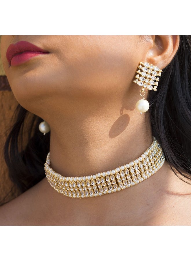I Jewels I Jewels Gold Plated Traditional Kundan Pearl Choker Necklace Jewellery Set For Women And Girls (K7209) (White)  - Image 4