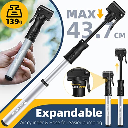 WEST BIKING Bicycle Pump Mini Bike Pump - Aluminum Alloy Cycle Pump for Presta & Schrader Valve, Portable Lightweight Bike Tyre Pump Fast Tyre Inflation Mini Air Pump for Mountain Road Bike Ball Pumps (Silver) - Image 4