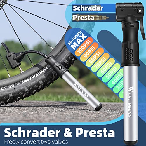 WEST BIKING Bicycle Pump Mini Bike Pump - Aluminum Alloy Cycle Pump for Presta & Schrader Valve, Portable Lightweight Bike Tyre Pump Fast Tyre Inflation Mini Air Pump for Mountain Road Bike Ball Pumps (Silver) - Image 2