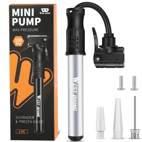 WEST BIKING Bicycle Pump Mini Bike Pump - Aluminum Alloy Cycle Pump for Presta & Schrader Valve, Portable Lightweight Bike Tyre Pump Fast Tyre Inflation Mini Air Pump for Mountain Road Bike Ball Pumps (Silver) - Image 1