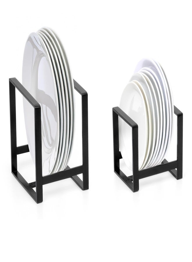 Livzing 2Pcs Plate Stand - Plate Holders - Metal Plate Dish Organizer Drying Rack for Kitchen Cabinet & Countertop - Utensil Storage Stand for Plates, Lids, Cutting Boards, Bowl (Small & Large Black) - Image 1