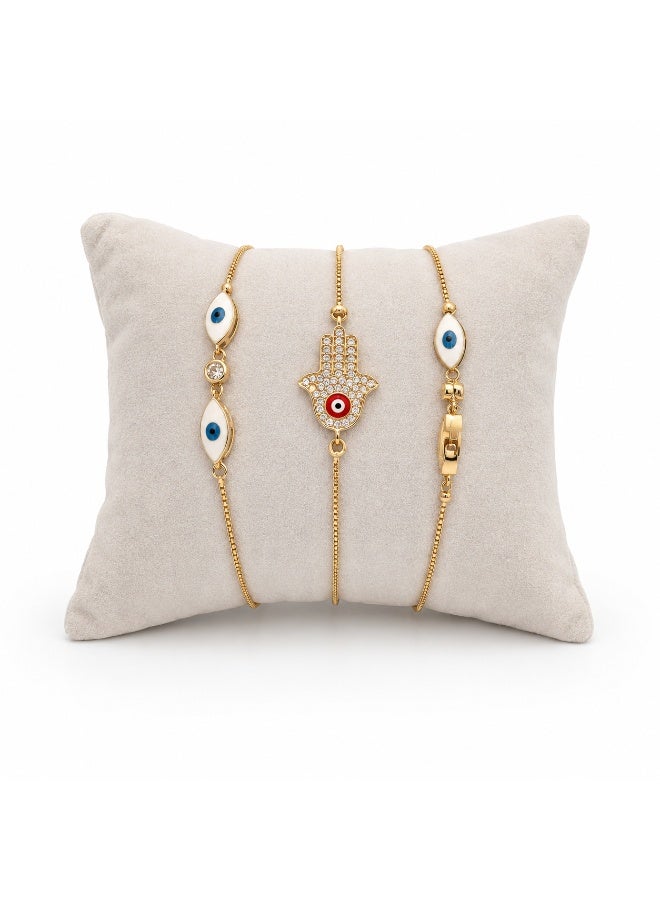 Women’s Gold-Tone Hamsa and Evil Eye Bracelet Set with Clear Stone Accents, 3 Pieces