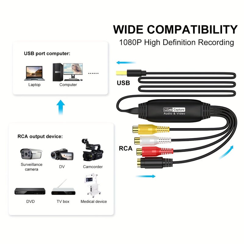 بطاقة التقاط الفيديو USB 2.0 سوداء، محول RCA إلى رقمي لأجهزة الكمبيوتر الشخصية وماك - Image 4