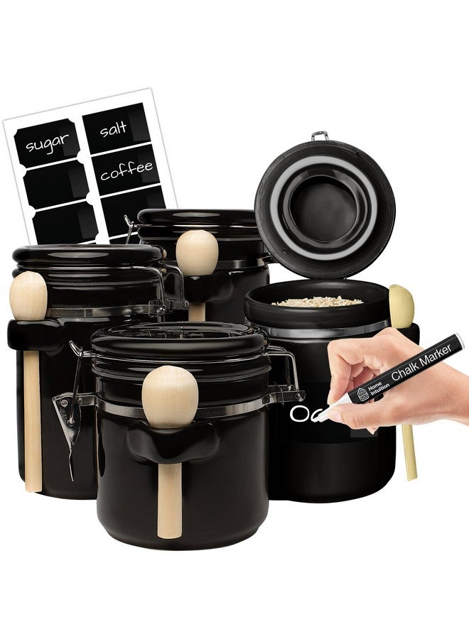 HOME INTUITION Home Intuition 4-Piece Ceramic Kitchen Canisters Set, Airtight Containers with Wooden Spoons Reusable Chalk Labels and Marker for Sugar, Coffee, Flour, Tea (Black)  - Image 1