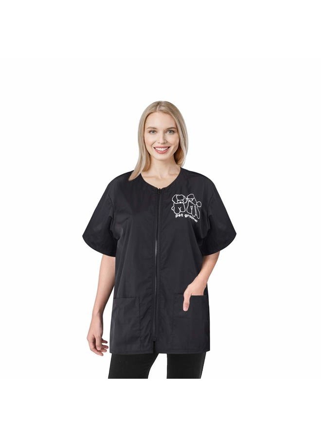 Noverlife Short Sleeves Pet Grooming Work Clothes with Full Zipper, M Size, Waterproof Anti-Static Pet Beautician Smock, Dog Cat Groomer Cosmetologist Uniforms for Pet Shop Men Women - Image 1