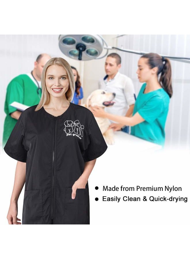Noverlife Short Sleeves Pet Grooming Work Clothes with Full Zipper, M Size, Waterproof Anti-Static Pet Beautician Smock, Dog Cat Groomer Cosmetologist Uniforms for Pet Shop Men Women - Image 2