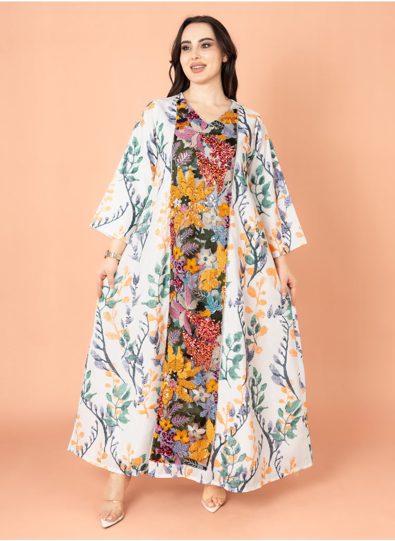 IKKXA Embroidery Applique Wide Cut Jalabiya Yellow  - Image 5