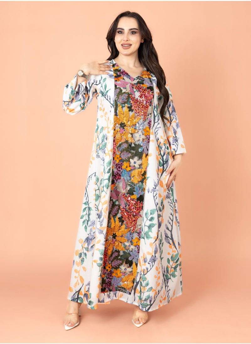 IKKXA Embroidery Applique Wide Cut Jalabiya Yellow  - Image 1