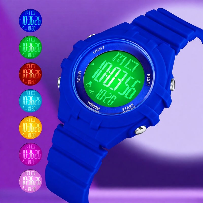 SKMEI Kids Digital Watch for Boys Girls 7-Color LED Backlight 5ATM Waterproof Students Sports Watches Time Week Date Display Stopwatch Alarm Clock Fashion Wristband Children Birthday Present Festival - Image 4