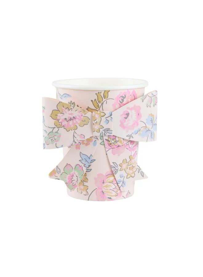 Pink Chintz Bow Cups - Pack of 8, Hot & Cold Drink Paper Cups with Pastel Floral Chintz Design and Chic Paper Bow, Stylish Party Tableware for Birthdays, Bridal Showers & Afternoon Teas