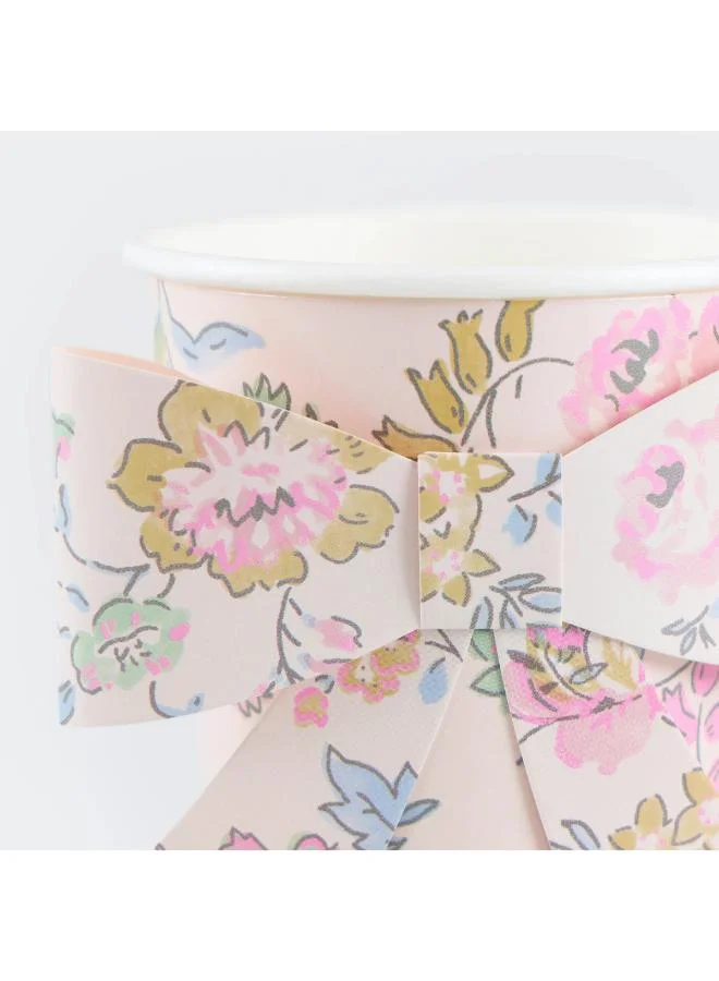 Meri Meri  Pink Chintz Bow Cups - Pack of 8, Hot & Cold Drink Paper Cups with Pastel Floral Chintz Design and Chic Paper Bow, Stylish Party Tableware for Birthdays, Bridal Showers & Afternoon Teas  | Best Price UAE