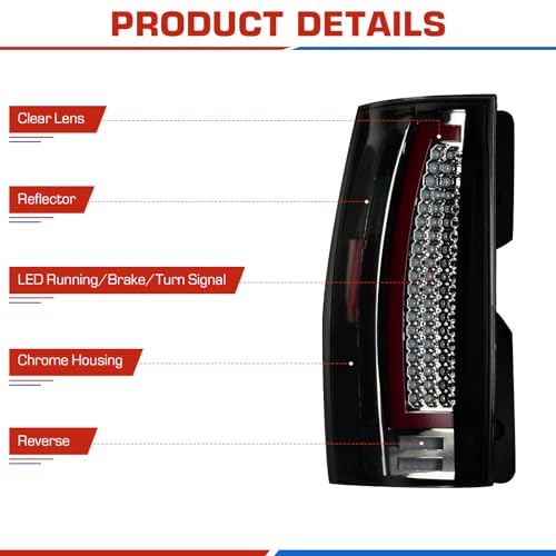 ILONPA مجموعة مصابيح خلفية LED ILONPA (عبوة 2) لسيارة شيفروليه سوبربان 1500 2500 من 2007-2014، شيفروليه تاهو من 2007-2014 [للنماذج المتوهجة فقط]، مجموعة مصابيح خلفية بدون منطقة عمياء، هيكل كروم وعدسة شفافة - Image 3