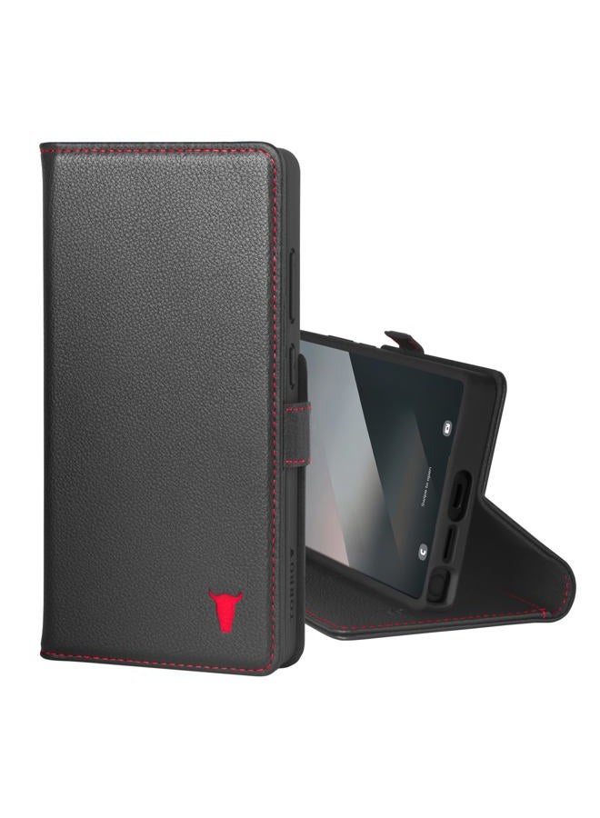TORRO Leather Case Compatible with Samsung Galaxy S25 Ultra 5G 2025 - Premium Leather Wallet Case with Kickstand Card Slots (Black with Red Details) - Image 1