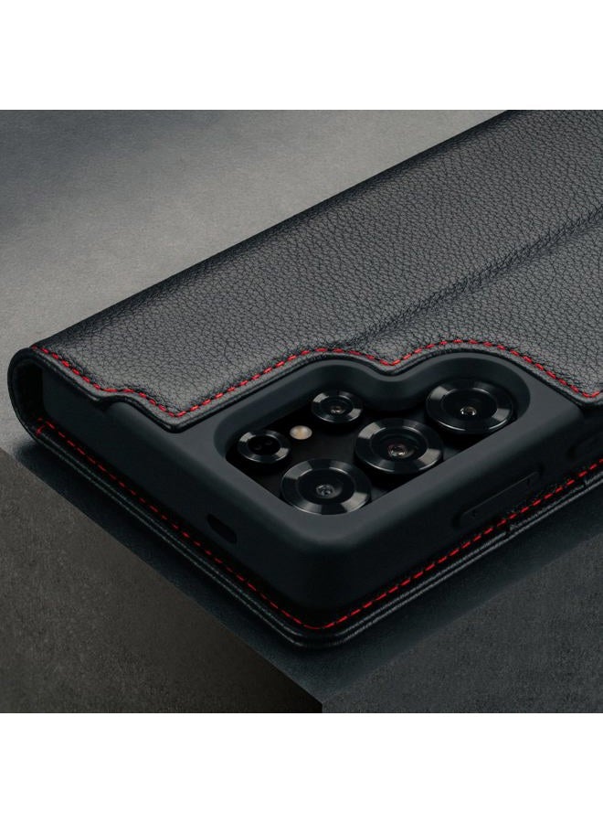 TORRO Leather Case Compatible with Samsung Galaxy S25 Ultra 5G 2025 - Premium Leather Wallet Case with Kickstand Card Slots (Black with Red Details) - Image 5