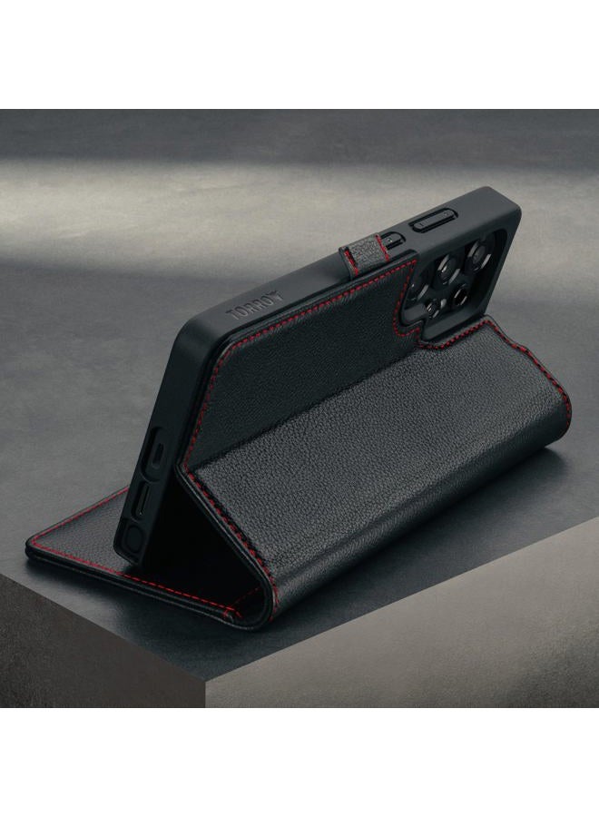TORRO Leather Case Compatible with Samsung Galaxy S25 Ultra 5G 2025 - Premium Leather Wallet Case with Kickstand Card Slots (Black with Red Details) - Image 3