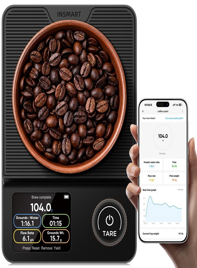 INSMART Coffee Scale with Timer, Bluetooth Espresso Scale with App Sync 5kg/0.1g High Precision, Large Color Display Digital Kitchen Scale, 5 Units & 3 Brew Modes for Pour-Ove, Espresso, Kitchen - Image 1