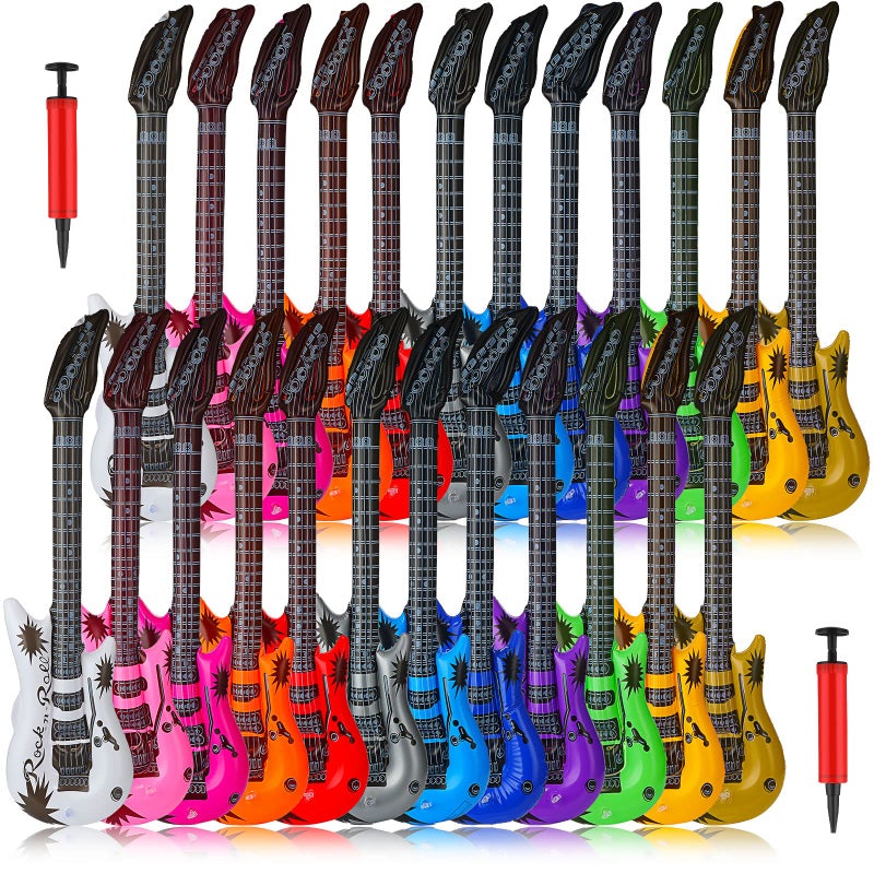 Chitidr 24 Pcs Inflatable Guitars for Parties Bulk Blow Rock Star Guitar Set Rock and Roll Party Decorations Photo Booth Props for Birthday 80s 90s Themed Party Carnival 12 Colors