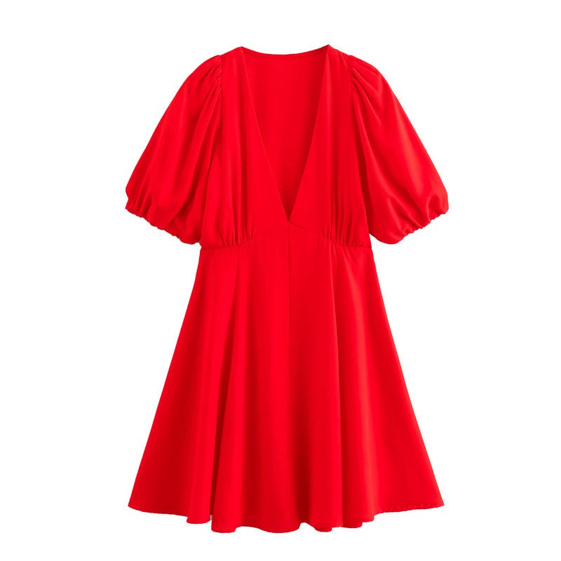 Foreign trade 2024 summer new womens European and American style bubble sleeve v collar solid color mini dress 9878161 Picture color 