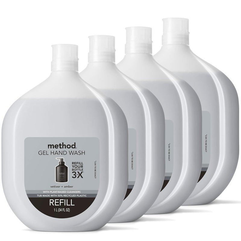 Method Premium Gel Hand Wash Refill Vetiver  Amber Recyclable Bottles Biodegradable Formula 34 fl oz Pack of 4 Packaging May Vary
