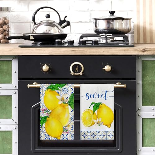 Yarcooly Summer Lemon Kitchen Towels Spring Italian Lemons Dish Towels Mediterranean Party Tea Towels Italy Lemon Decor Cyan-Blue Tile Burlap Artificial Fruit Farmhouse Simple Life - Image 4