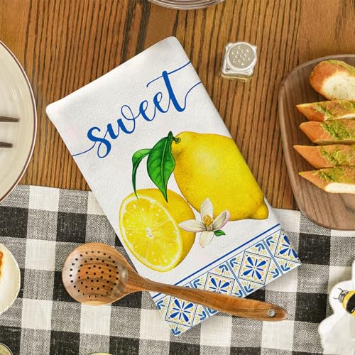 Yarcooly Summer Lemon Kitchen Towels Spring Italian Lemons Dish Towels Mediterranean Party Tea Towels Italy Lemon Decor Cyan-Blue Tile Burlap Artificial Fruit Farmhouse Simple Life - Image 2