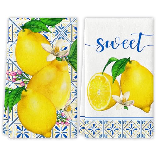 Yarcooly Summer Lemon Kitchen Towels Spring Italian Lemons Dish Towels Mediterranean Party Tea Towels Italy Lemon Decor Cyan-Blue Tile Burlap Artificial Fruit Farmhouse Simple Life - Image 1