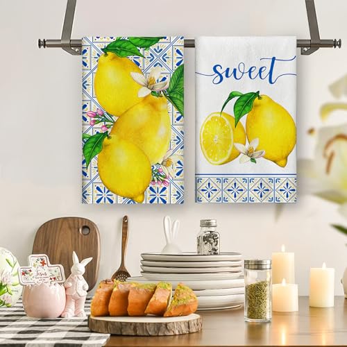 Yarcooly Summer Lemon Kitchen Towels Spring Italian Lemons Dish Towels Mediterranean Party Tea Towels Italy Lemon Decor Cyan-Blue Tile Burlap Artificial Fruit Farmhouse Simple Life - Image 3